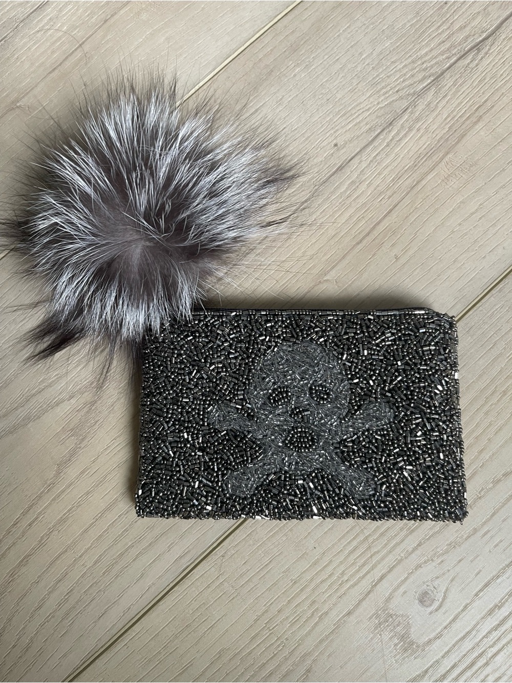 Beaded Skull clutch with real Fox Fur Pom
